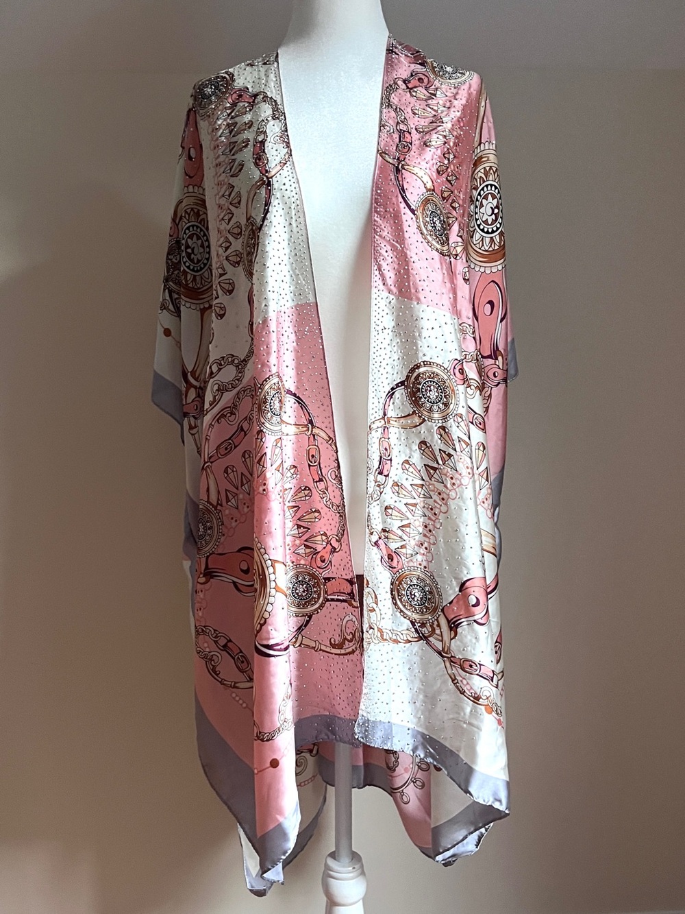 Boho Satin Rhinestone Kimono Pink Equestrian Horsebit Chain Duster Swim Cover